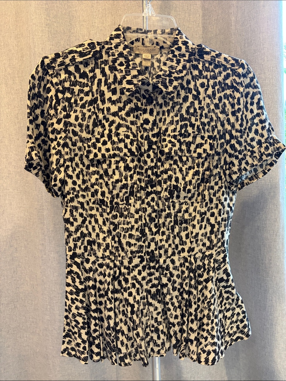 Burberry Black and Cream Short Sleeve Printed Peplum Blouse